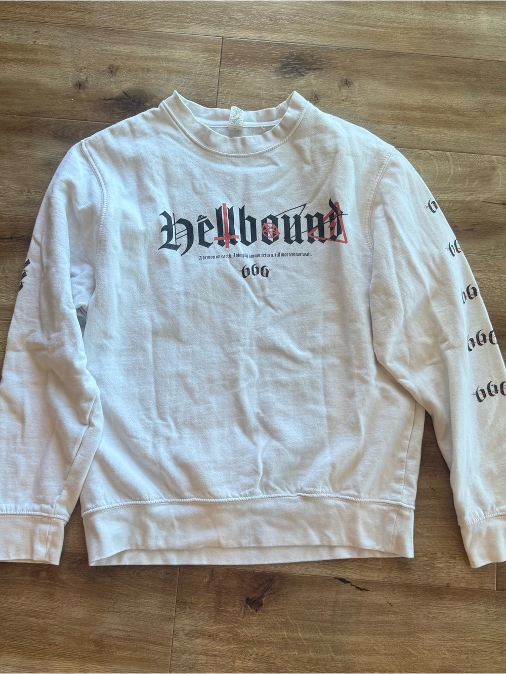 White Graphic Crewneck Sweater with 'Hellbound' Print